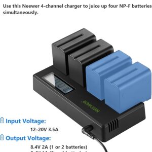 NEEWER 4 Pack 7.4V 6600mAh NP-F970 Replacement Batteries with 4-Channel Charger and Power Supply Compatible with NP-F550/750/770/970 FM500H QM71D QM91D, Field Monitor, Video Light