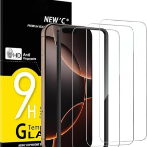 NEW'C 3 Pack, Screen Protector for iPhone 17, 17 Pro, iPhone 16 Pro (6.3″), Tempered Glass Screen Protector Film Ultra Transparent, Ultra resistant - Easy installation tools included